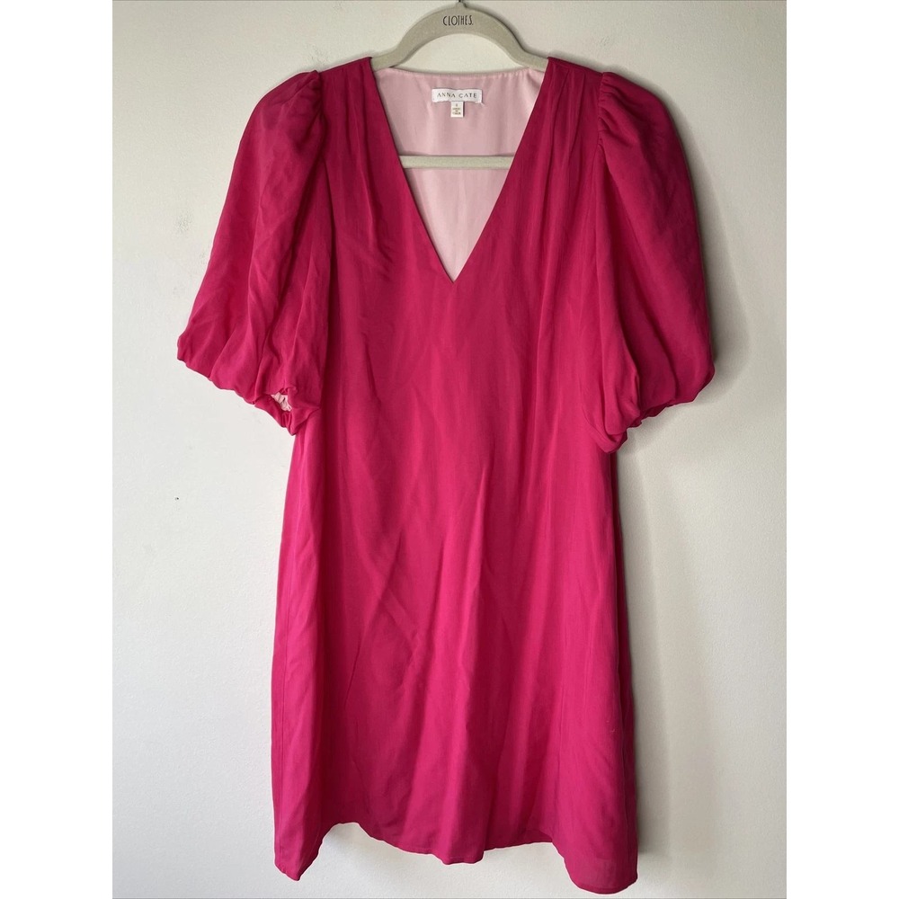 Anna Cate Mini Dress Womens S Pink Puff Sleeve V-Neck Shift Barbiecore Romantic